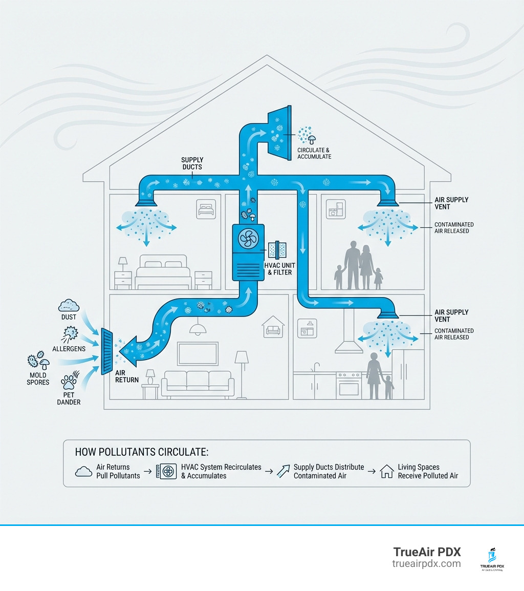 detailed infographic showing how dust, allergens, mold spores, and pet dander circulate through a home HVAC system from air returns through ducts to vents in living spaces - duct cleaning Portland OR infographic 
