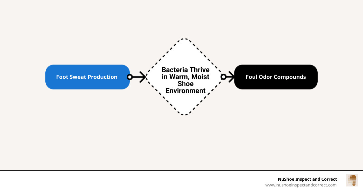 Infographic showing the cycle of foot sweat production, bacterial growth in warm moist shoe environment, and resulting odor compounds, with arrows indicating how moisture control and cleaning break this cycle - how to get rid of odour from shoes infographic flowmap_simple Infographic showing the cycle of foot sweat production, bacterial growth in warm moist shoe environment, and resulting odor compounds, with arrows indicating how moisture control and cleaning break this cycle - how to get rid of odour from shoes infographic flowmap_simple