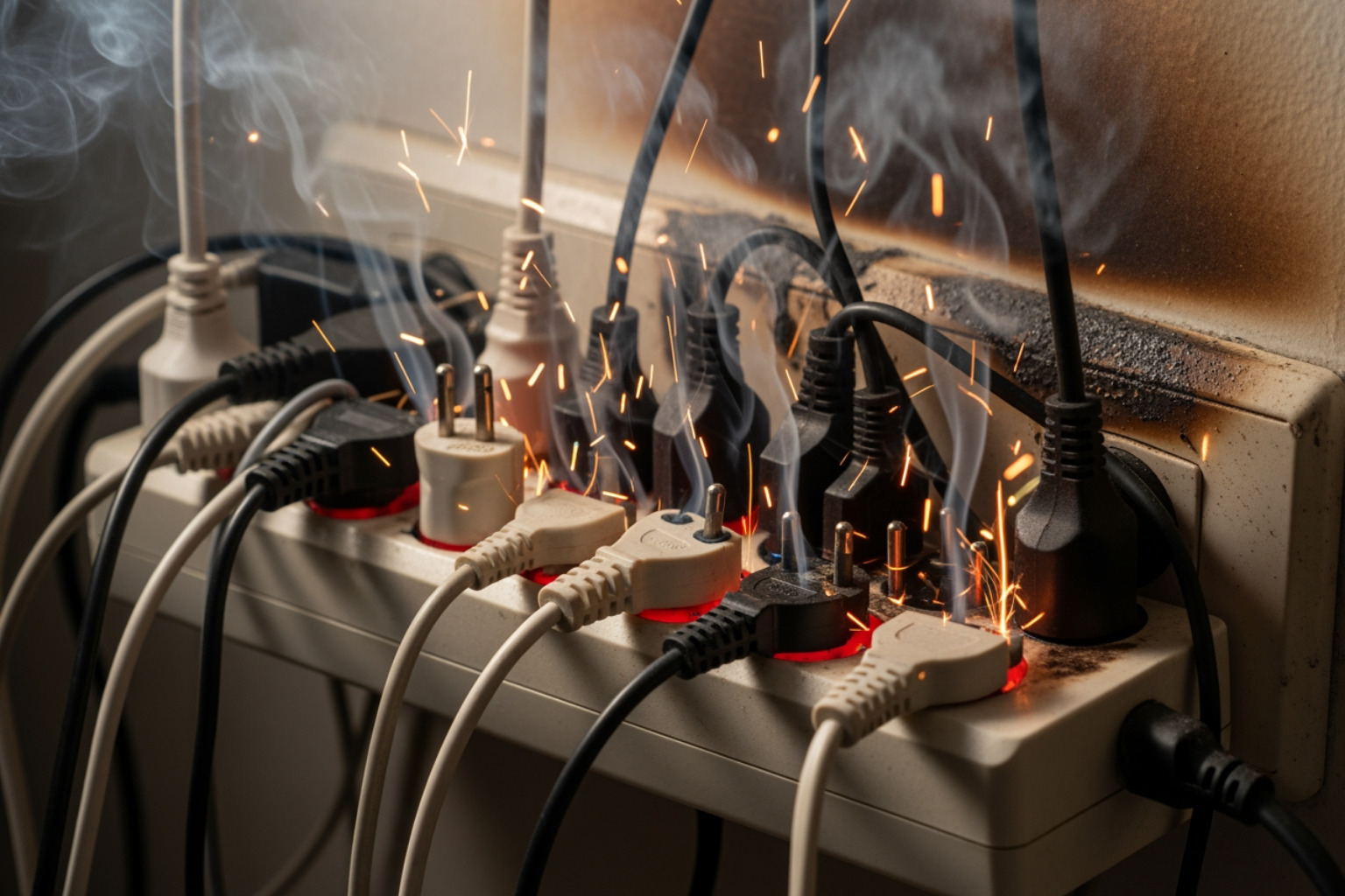 overloaded power strip with smoke coming from it, with a red "X" over it - nec dedicated circuit requirements overloaded power strip with smoke coming from it, with a red "X" over it - nec dedicated circuit requirements