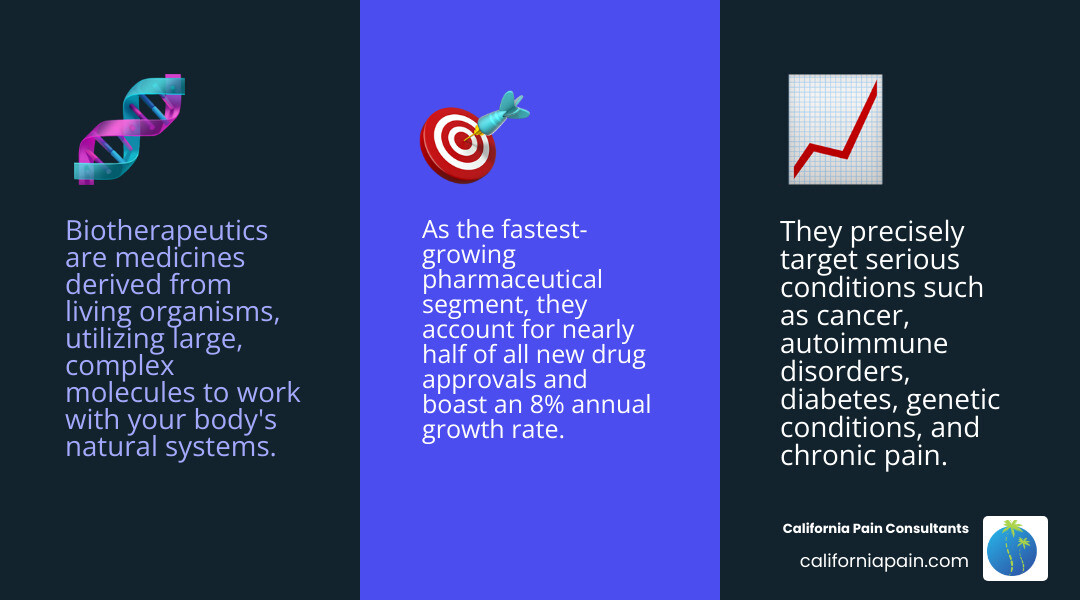 Infographic showing the key components of biotherapeutics: derived from living organisms, includes proteins and antibodies, treats serious diseases like cancer and autoimmune disorders, accounts for 50% of new drug approvals, generates $163 billion in annual revenue with 8% growth rate, and represents the future of personalized medicine - what is biotherapeutics infographic 3_facts_emoji_blue
