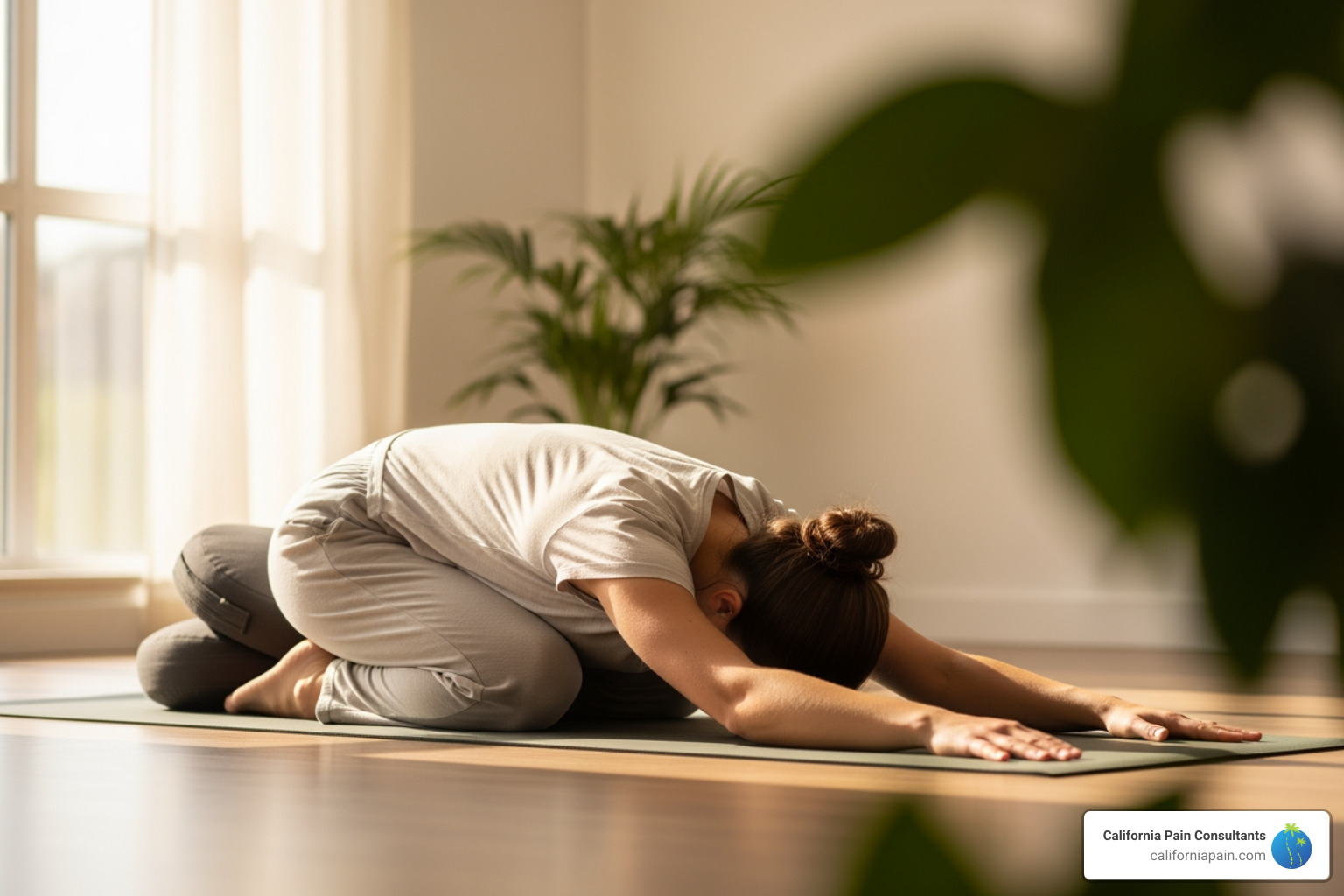 person showing a person in Child's Pose, with an optional cushion modification - lower back stretches person showing a person in Child's Pose, with an optional cushion modification - lower back stretches