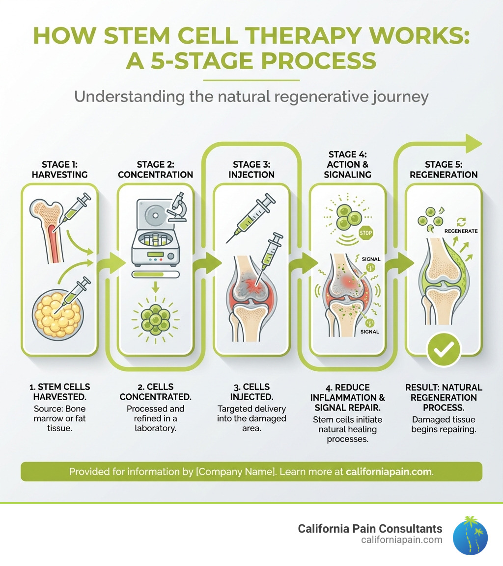 Infographic showing how stem cells work: Stage 1 - Stem cells are harvested from bone marrow or fat tissue; Stage 2 - Cells are concentrated in a laboratory; Stage 3 - Cells are injected into the damaged area; Stage 4 - Stem cells reduce inflammation and signal the body to repair tissue; Result - Damaged tissue begins natural regeneration process - what is stem cell therapy infographic Infographic showing how stem cells work: Stage 1 - Stem cells are harvested from bone marrow or fat tissue; Stage 2 - Cells are concentrated in a laboratory; Stage 3 - Cells are injected into the damaged area; Stage 4 - Stem cells reduce inflammation and signal the body to repair tissue; Result - Damaged tissue begins natural regeneration process - what is stem cell therapy infographic