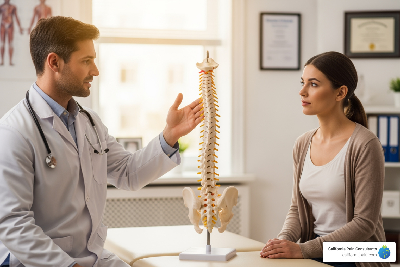 doctor explaining a spine model to a patient - pain management san diego ca
