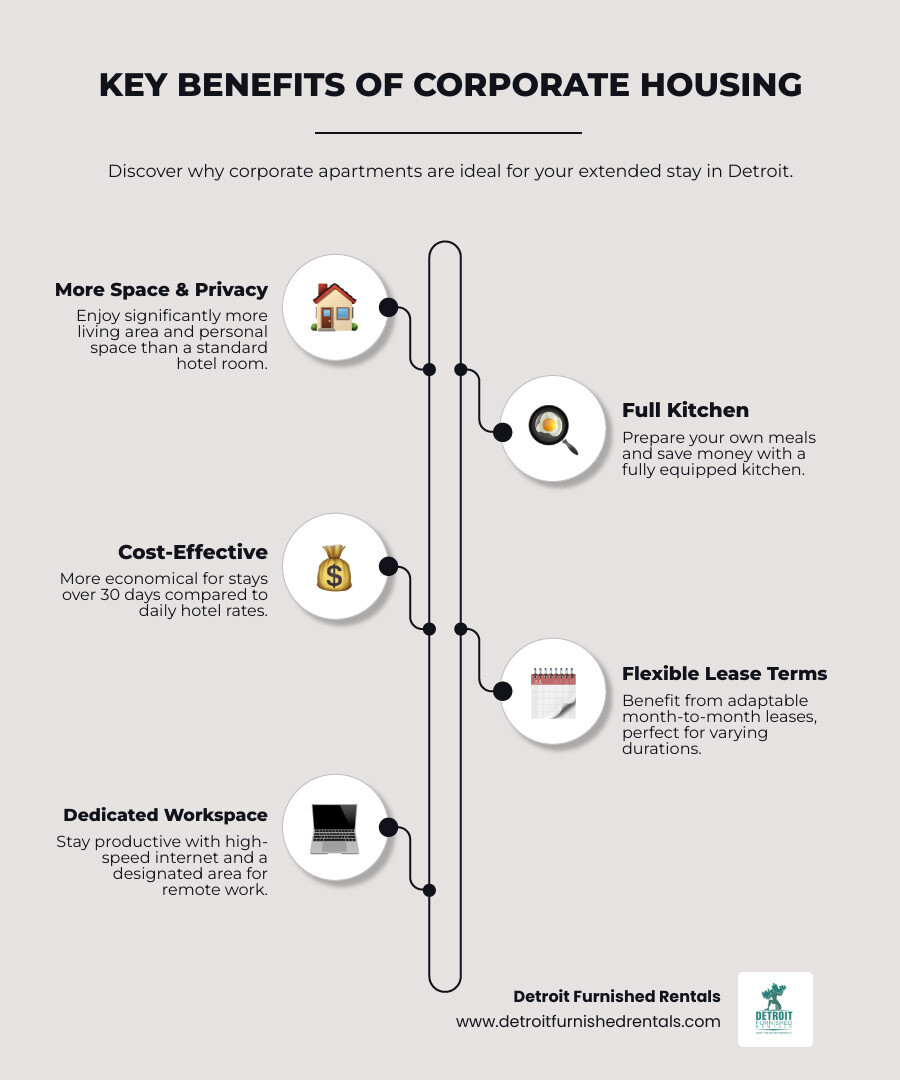 infographic showing benefits of corporate housing: more space than hotels, full kitchen saves money on dining out, cost effective for stays over 30 days, flexible month to month lease terms, dedicated workspace for remote work, all utilities included in one payment - corporate apartments Detroit MI infographic infographic-line-5-steps-elegant_beige