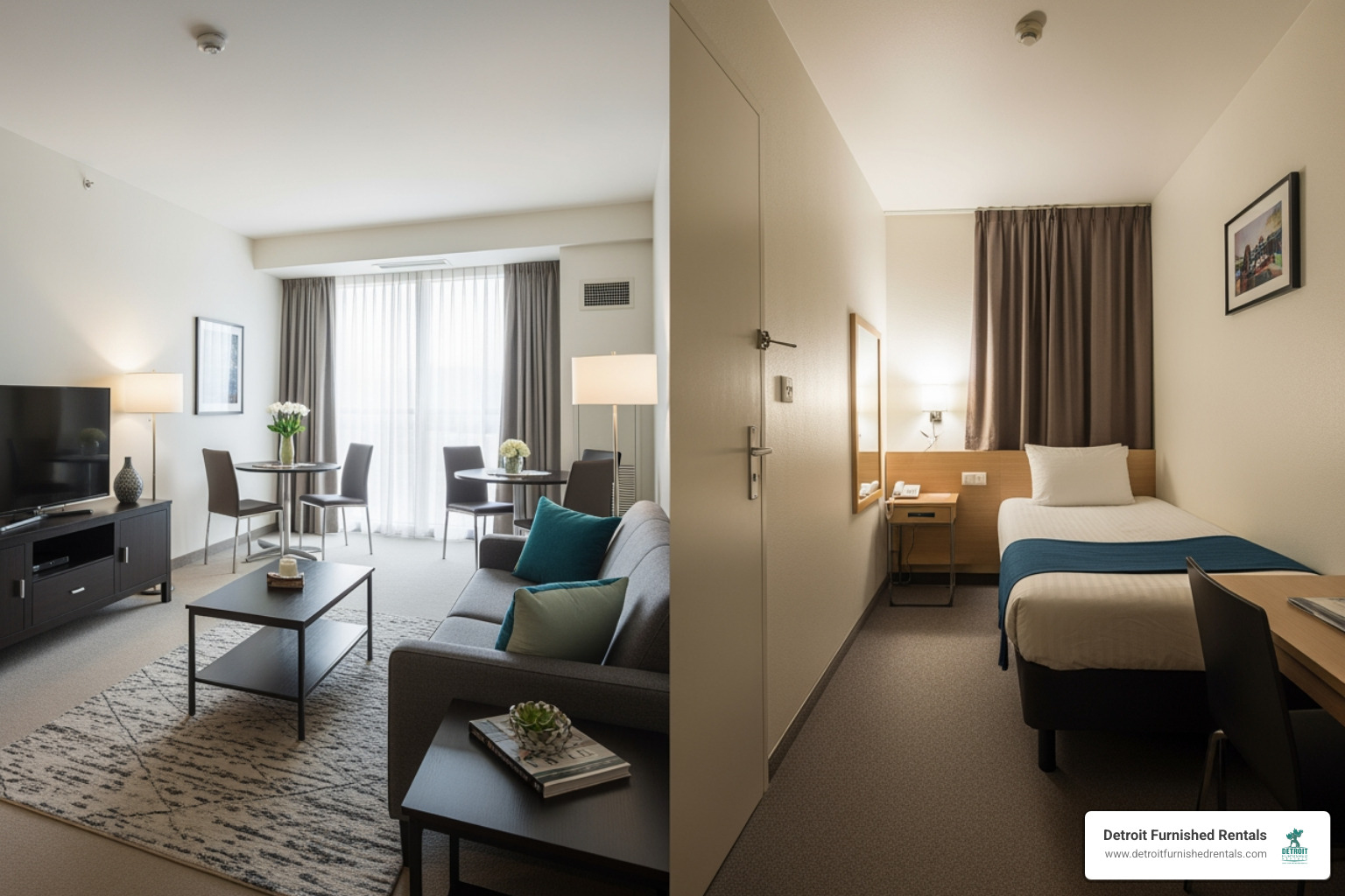 spacious living room in a corporate apartment vs. a cramped hotel room - corporate apartments Detroit MI