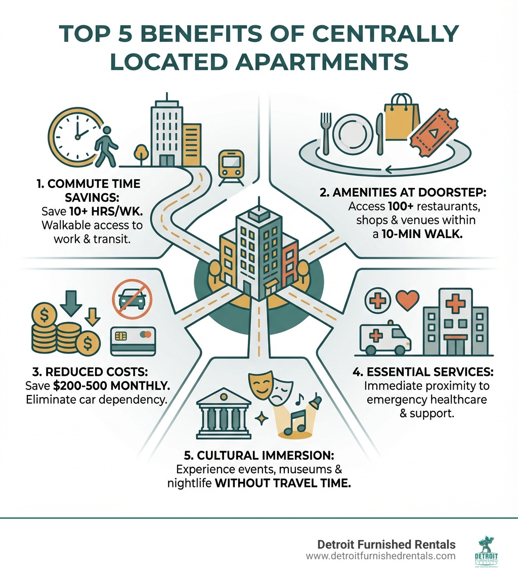 Infographic showing the top 5 benefits of centrally located apartments: 1. Save 10+ hours per week on commuting with walkable access to work and transit, 2. Access 100+ restaurants, shops, and entertainment venues within a 10-minute walk, 3. Reduce monthly transportation costs by $200-500 by eliminating car dependency, 4. Enjoy immediate proximity to emergency healthcare and essential services, 5. Experience cultural events, museums, and nightlife without travel time - Centrally located apartments infographic 