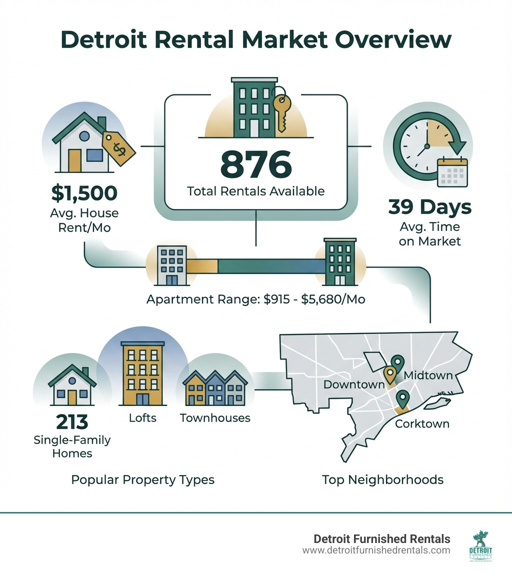 Infographic showing Detroit rental market overview with statistics: 876 total rentals available, average house rent $1,500/month, apartment range $915-$5,680/month, 213 single-family homes, popular property types including lofts and townhouses, 39 days average time on market, and top neighborhoods including Downtown, Midtown, and Corktown - Rental homes Detroit infographic Infographic showing Detroit rental market overview with statistics: 876 total rentals available, average house rent $1,500/month, apartment range $915-$5,680/month, 213 single-family homes, popular property types including lofts and townhouses, 39 days average time on market, and top neighborhoods including Downtown, Midtown, and Corktown - Rental homes Detroit infographic