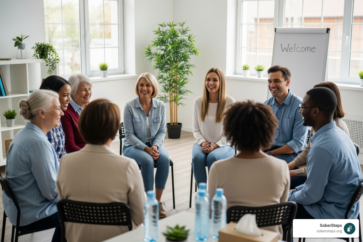 A diverse group of people in a support group meeting, smiling and engaged in discussion - Drug treatment options