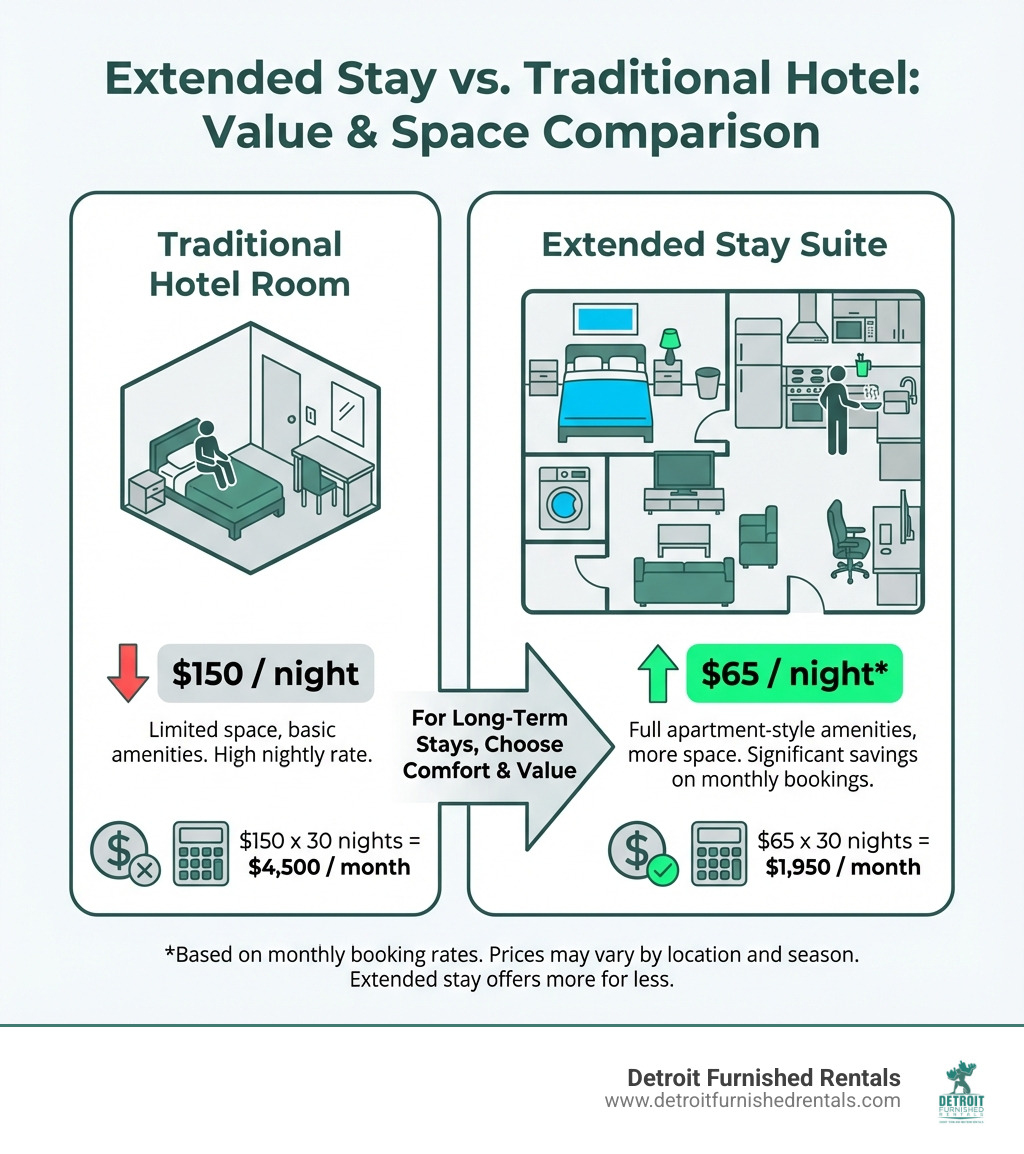 infographic comparing traditional hotel room with single bed and desk versus extended stay suite with full kitchen, separate living area, bedroom, workspace, and laundry facilities, showing cost comparison of $150/night traditional versus $65/night extended stay for monthly bookings - extended stay hotels nearby infographic 