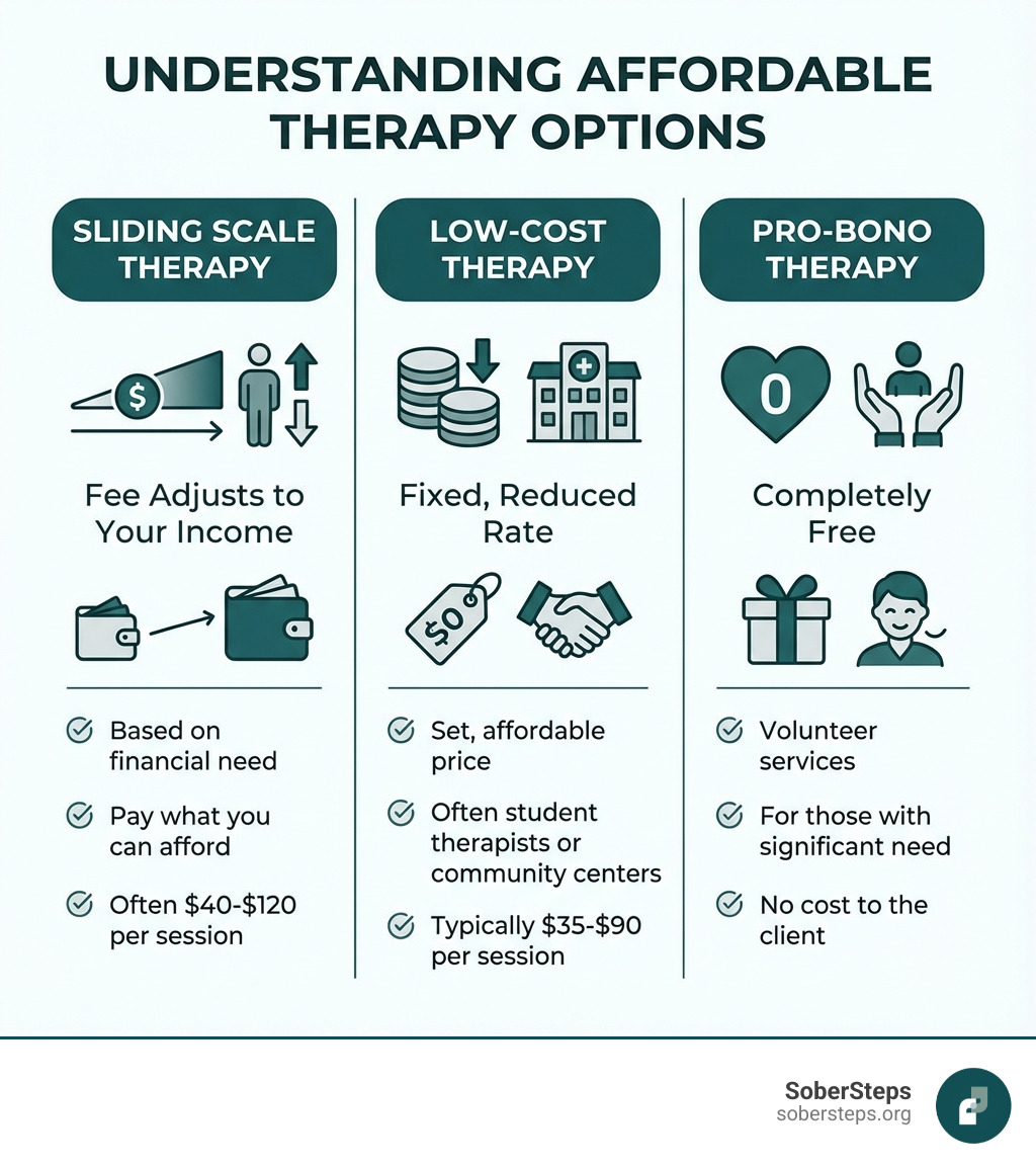 infographic explaining the difference between sliding scale, low-cost, and pro-bono therapy - affordable mental health care infographic infographic explaining the difference between sliding scale, low-cost, and pro-bono therapy - affordable mental health care infographic