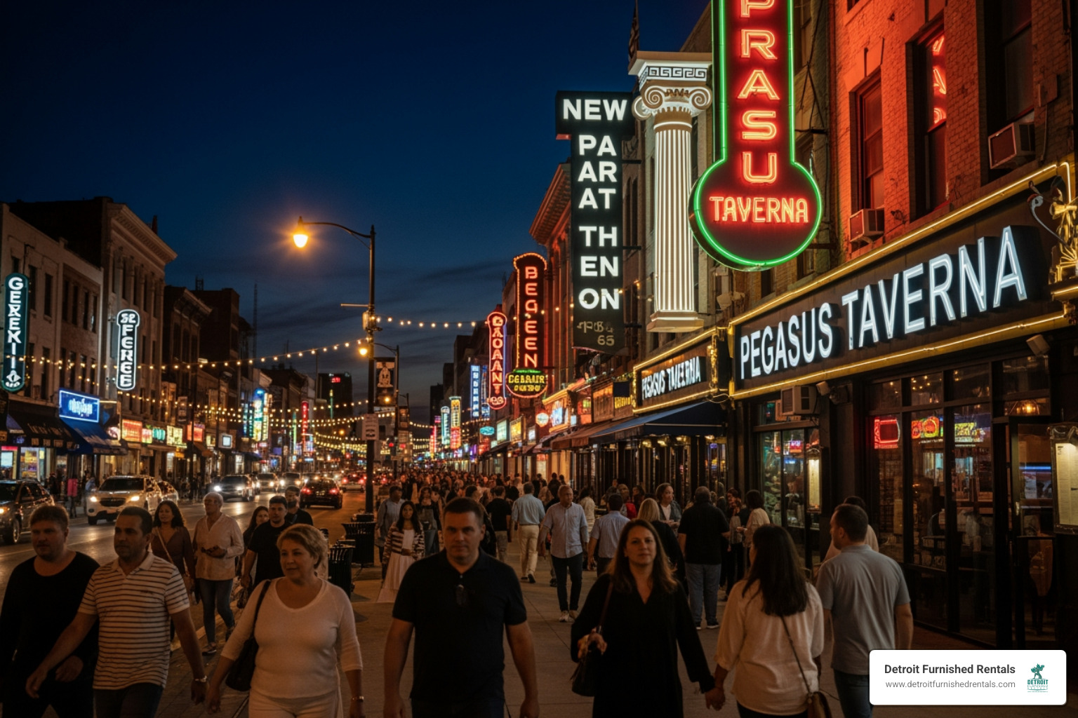 A bustling street scene in Detroit's Greektown district at night - detroit nightlife events