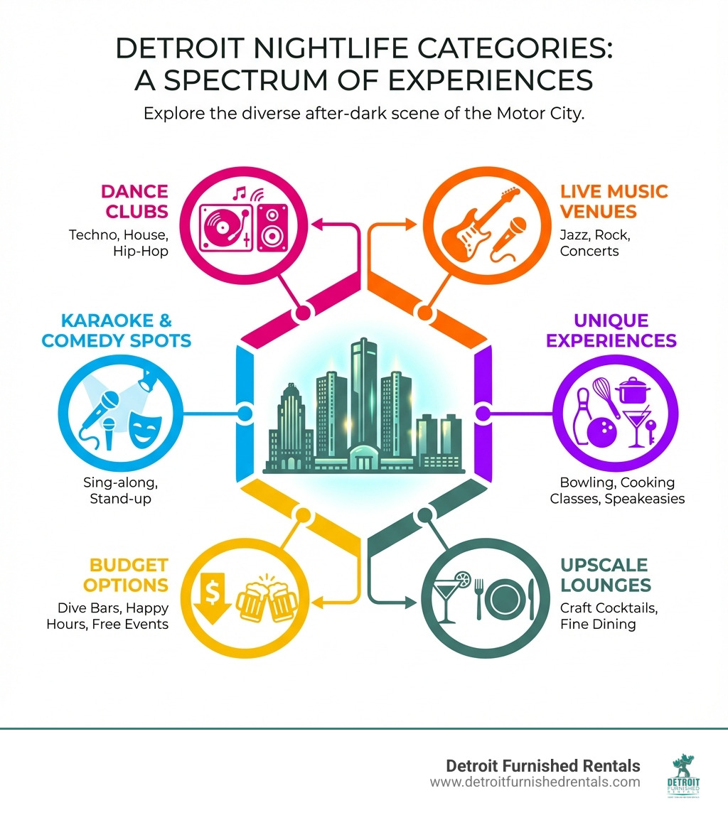 Infographic showing Detroit nightlife categories: Dance Clubs (techno, house, hip-hop), Live Music Venues (jazz, rock, concerts), Karaoke & Comedy Spots, Unique Experiences (bowling, cooking classes, speakeasies), Budget Options (dive bars, happy hours, free events), and Upscale Lounges (craft cocktails, fine dining) - detroit nightlife events infographic 