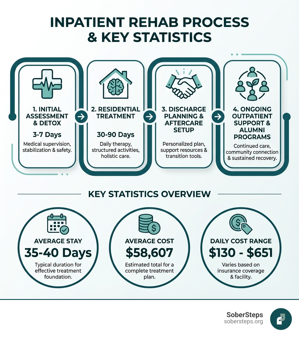 Infographic showing the inpatient rehab process: Initial assessment and detox (3-7 days), residential treatment with daily therapy and activities (30-90 days), discharge planning and aftercare setup, followed by ongoing outpatient support and alumni programs. Includes statistics: average stay 35-40 days, average cost $58,607, daily cost ranges from $130-651 depending on insurance coverage. - /treatment/rehab-centers/al/inpatient infographic 