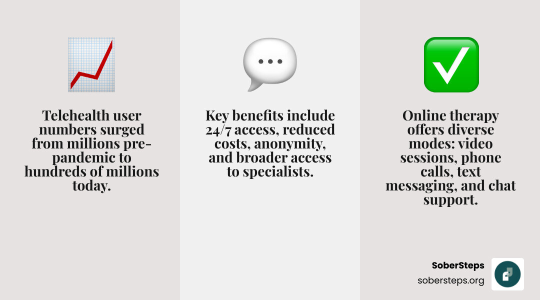 infographic showing the growth of telehealth from millions of users pre-pandemic to hundreds of millions today, types of online therapy available including video sessions, phone calls, text messaging, and chat support, and key benefits including 24/7 access, reduced costs, anonymity, and broader access to specialists - Online mental health infographic 3_facts_emoji_grey infographic showing the growth of telehealth from millions of users pre-pandemic to hundreds of millions today, types of online therapy available including video sessions, phone calls, text messaging, and chat support, and key benefits including 24/7 access, reduced costs, anonymity, and broader access to specialists - Online mental health infographic 3_facts_emoji_grey