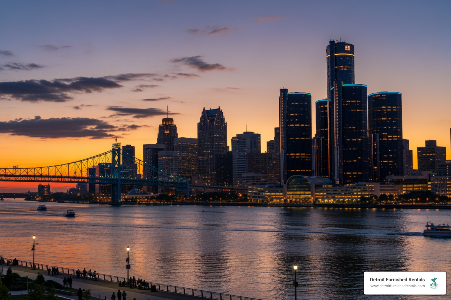 Detroit skyline at dusk - week long stay hotels Detroit