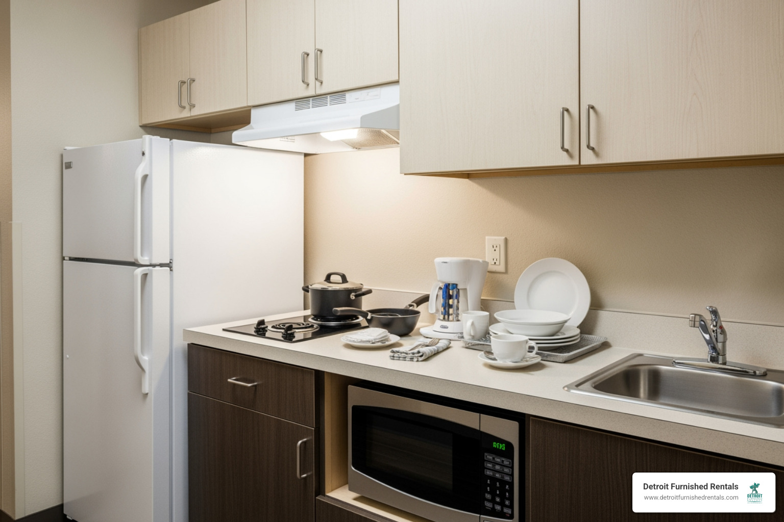fully equipped kitchenette in an extended stay hotel - week long stay hotels Detroit