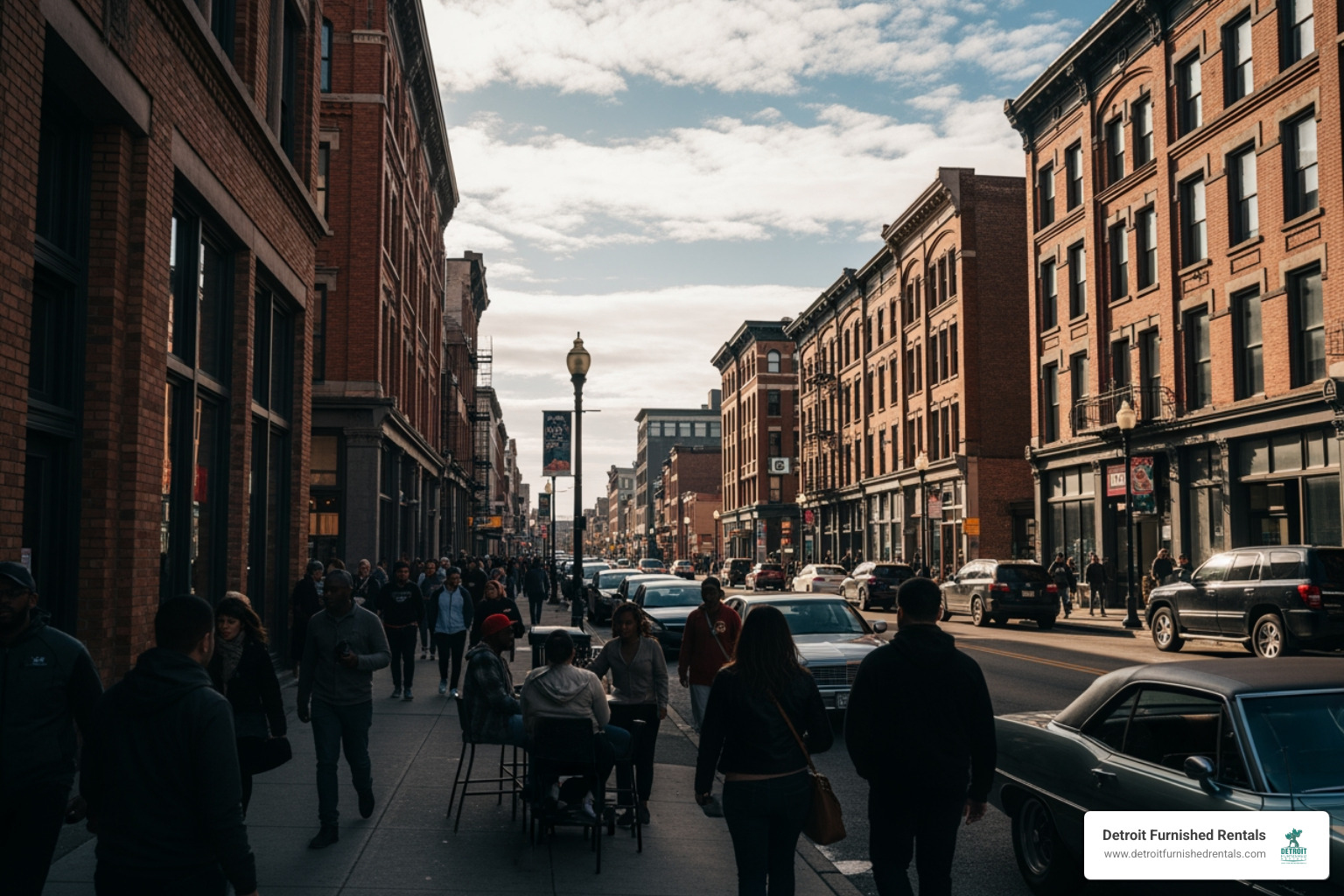 Busy street in Corktown, Detroit - apartments for rent Detroit