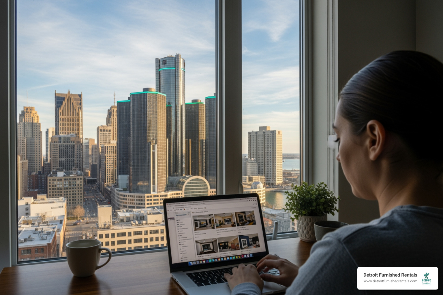person browsing apartment listings on a laptop with Detroit skyline - Furnished monthly apartments
