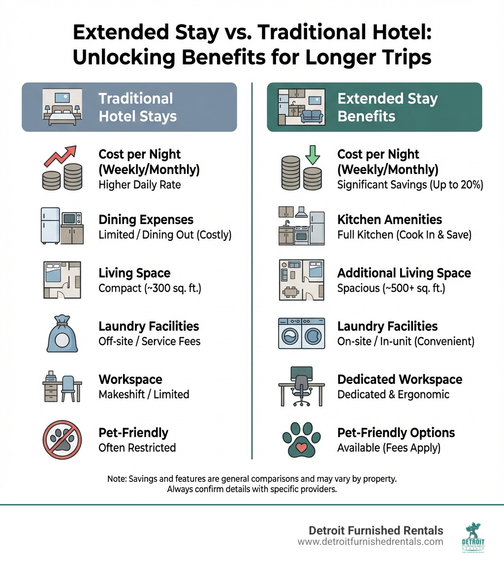 Infographic comparing extended stay benefits versus traditional hotel stays, showing cost savings per night for weekly and monthly stays, kitchen amenities reducing dining expenses, additional living space in square feet, laundry facilities, dedicated workspace features, and pet-friendly options with associated fees - extended stay in Detroit infographic 