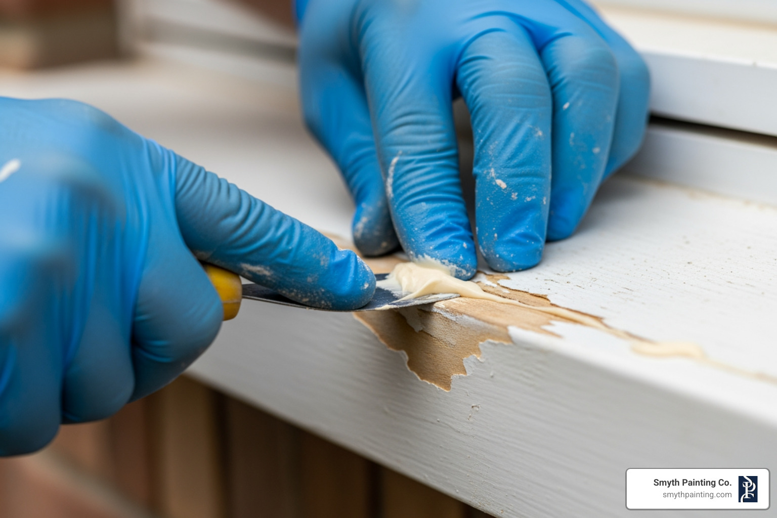 professional applying epoxy filler to wood trim - Exterior wood restoration professional applying epoxy filler to wood trim - Exterior wood restoration