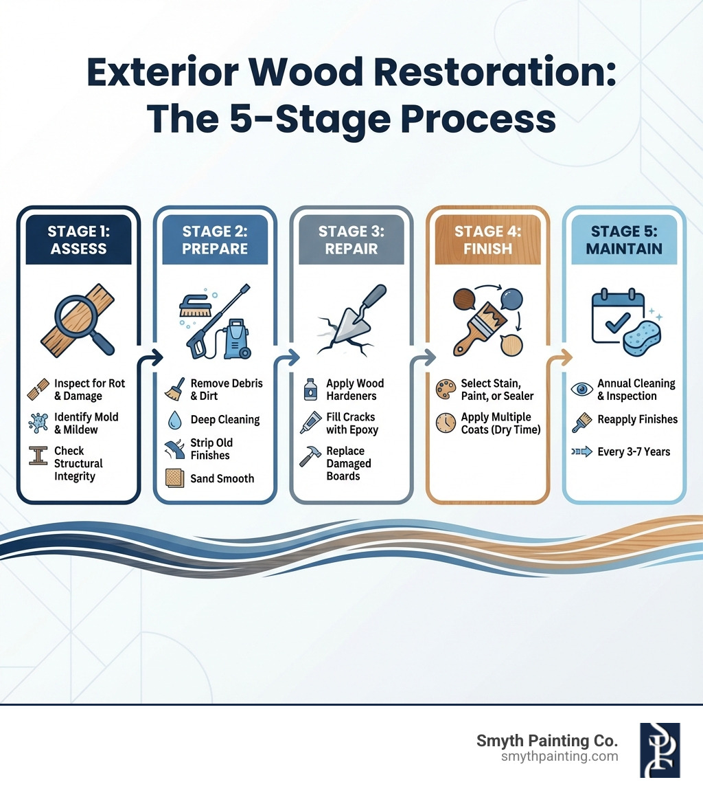 Exterior wood restoration process infographic showing five stages: Stage 1 Assess includes inspecting for rot damage mold and structural issues; Stage 2 Prepare includes debris removal cleaning stripping old finishes and sanding; Stage 3 Repair includes applying wood hardeners filling cracks with epoxy and replacing damaged boards; Stage 4 Finish includes selecting appropriate stain paint or sealer and applying multiple coats with proper dry time; Stage 5 Maintain includes annual cleaning inspection and reapplication every three to seven years - Exterior wood restoration infographic Exterior wood restoration process infographic showing five stages: Stage 1 Assess includes inspecting for rot damage mold and structural issues; Stage 2 Prepare includes debris removal cleaning stripping old finishes and sanding; Stage 3 Repair includes applying wood hardeners filling cracks with epoxy and replacing damaged boards; Stage 4 Finish includes selecting appropriate stain paint or sealer and applying multiple coats with proper dry time; Stage 5 Maintain includes annual cleaning inspection and reapplication every three to seven years - Exterior wood restoration infographic