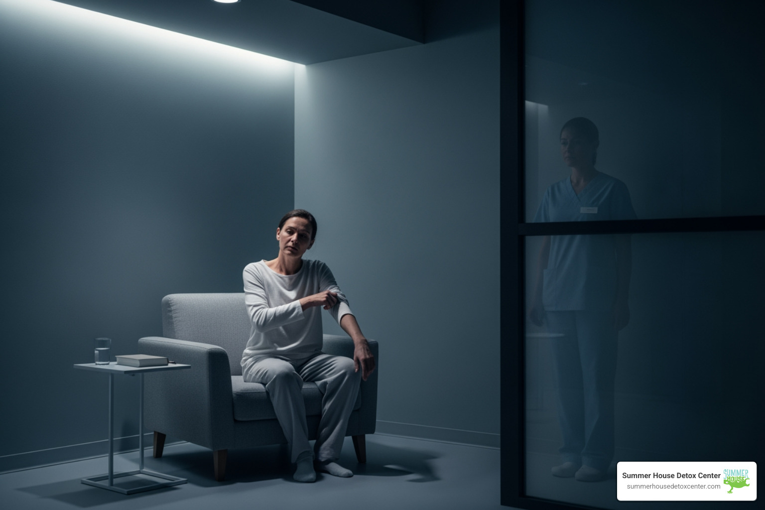 A person experiencing discomfort but in a safe, monitored environment - methadone detox and rehab