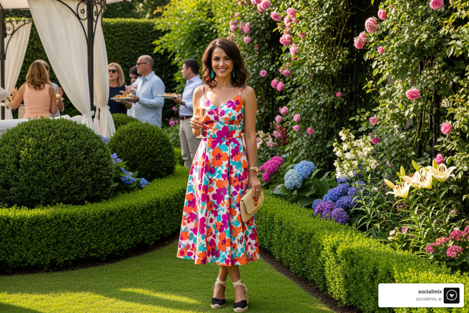 Woman in a chic, colorful midi dress at a garden party - Summer cocktail attire Woman in a chic, colorful midi dress at a garden party - Summer cocktail attire