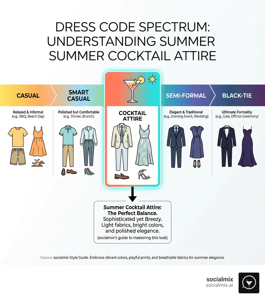 Infographic explaining the dress code spectrum from casual to semi-formal to black-tie, with cocktail attire highlighted in the middle - Summer cocktail attire infographic Infographic explaining the dress code spectrum from casual to semi-formal to black-tie, with cocktail attire highlighted in the middle - Summer cocktail attire infographic