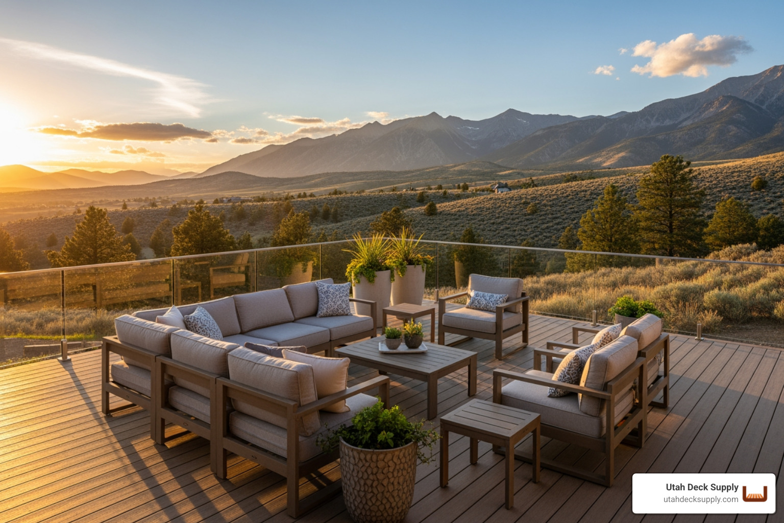 stunning modern composite deck with outdoor furniture at sunset in northern Utah - composite deck supplies