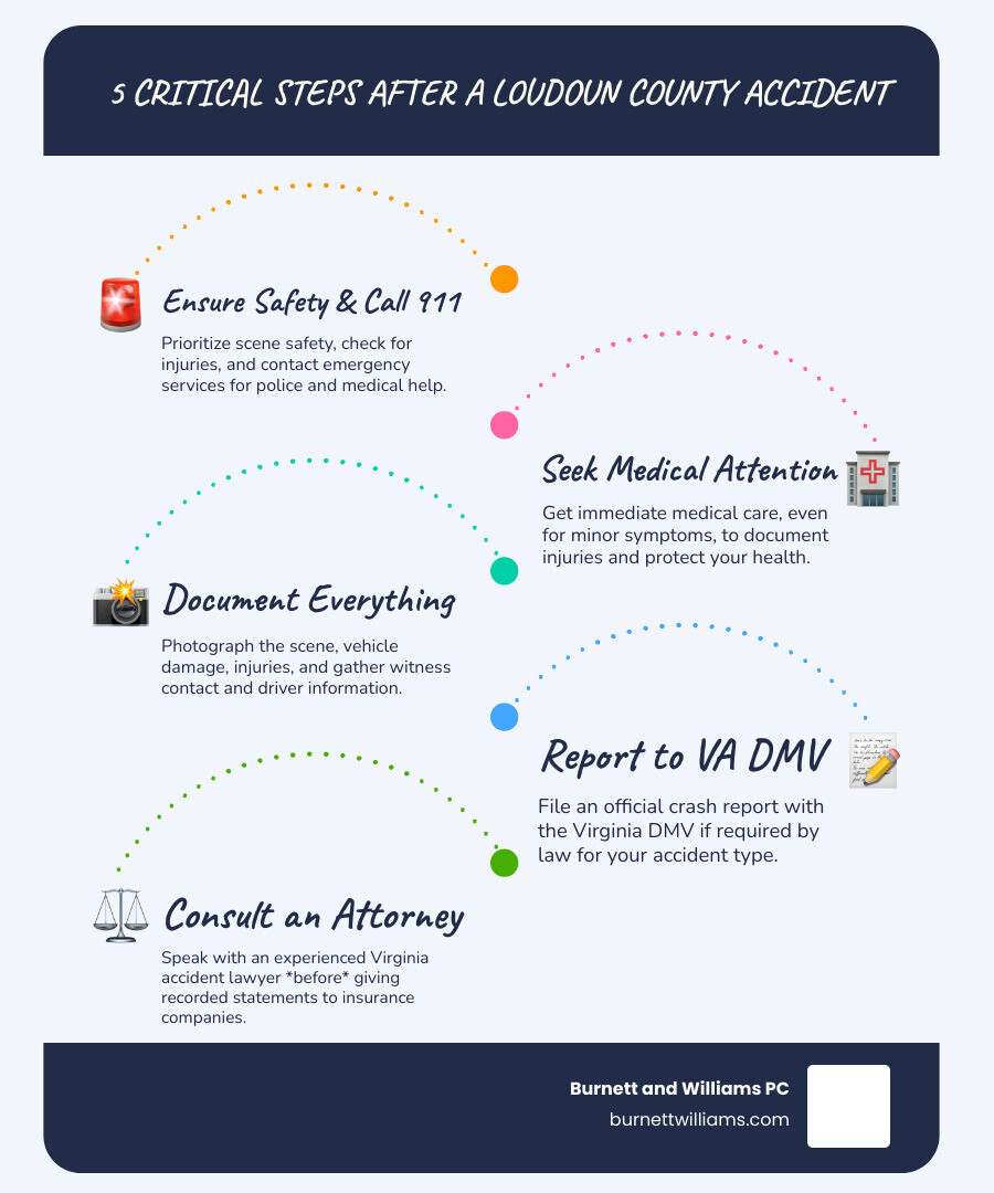 Infographic showing the 5 critical steps after a Loudoun County accident: 1) Ensure safety and call 911, 2) Seek immediate medical attention even for minor symptoms, 3) Document everything with photos and witness information, 4) Report to Virginia DMV if required, 5) Contact an experienced Virginia accident attorney before speaking to insurance adjusters - Loudoun accident lawyer infographic infographic-line-5-steps-blues-accent_colors Infographic showing the 5 critical steps after a Loudoun County accident: 1) Ensure safety and call 911, 2) Seek immediate medical attention even for minor symptoms, 3) Document everything with photos and witness information, 4) Report to Virginia DMV if required, 5) Contact an experienced Virginia accident attorney before speaking to insurance adjusters - Loudoun accident lawyer infographic infographic-line-5-steps-blues-accent_colors