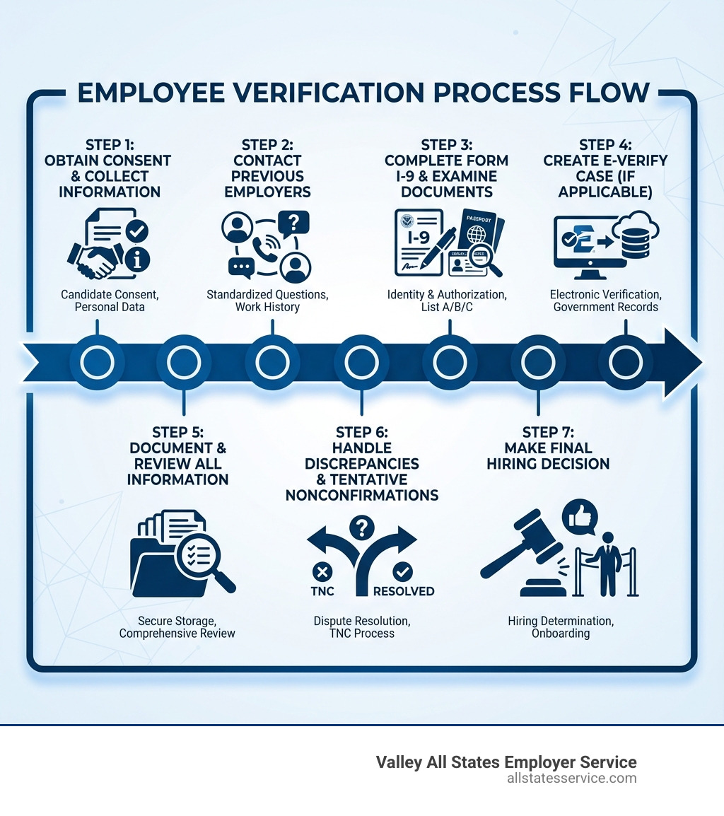 Infographic showing the employee verification process flow: Step 1 - Obtain candidate consent and collect information; Step 2 - Contact previous employers with standardized questions; Step 3 - Complete Form I-9 and examine documents; Step 4 - Create E-Verify case (if applicable); Step 5 - Document and review all information; Step 6 - Handle any discrepancies or Tentative Nonconfirmations; Step 7 - Make final hiring decision - Employee verification process infographic 