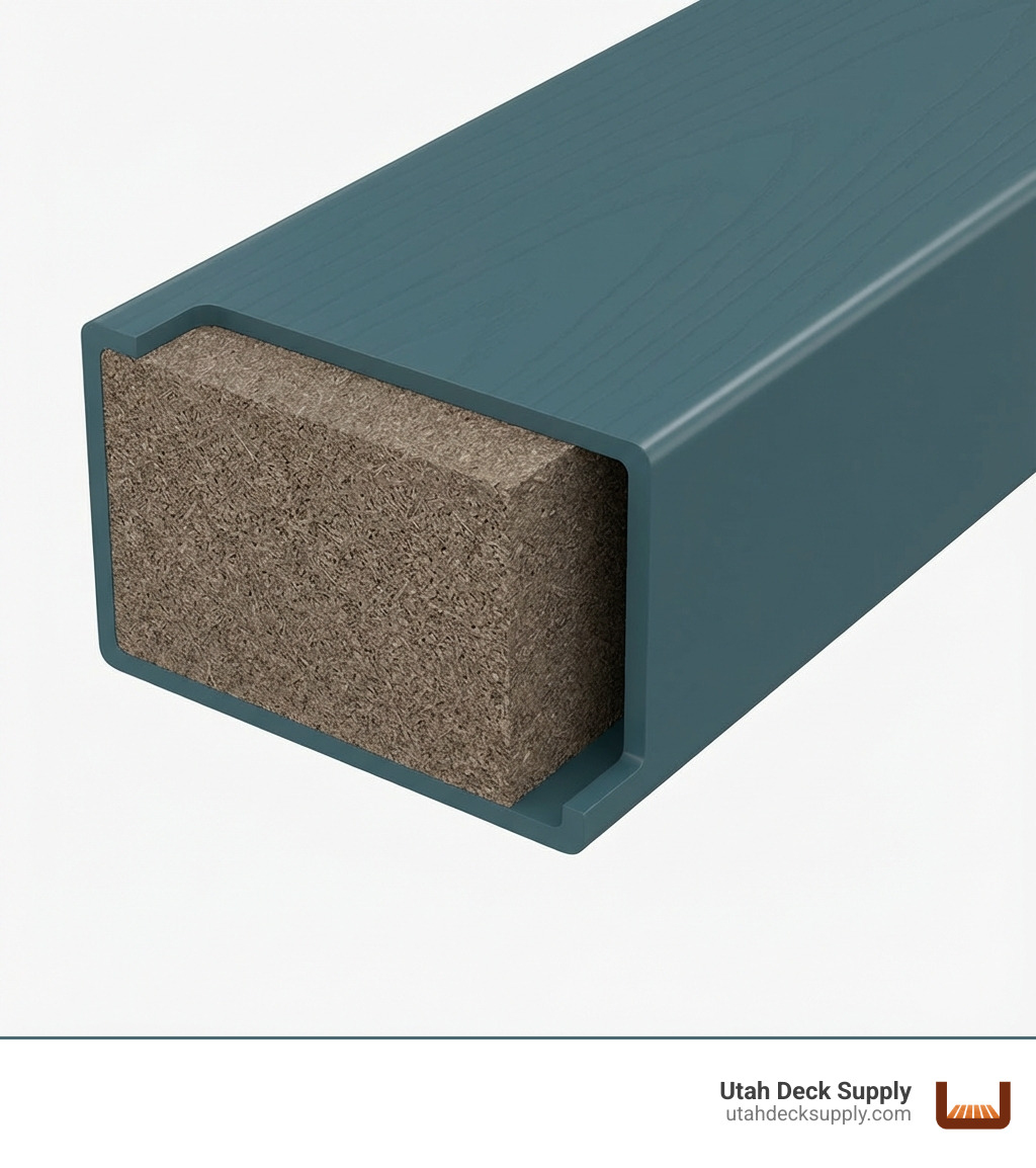 Infographic explaining the composition of a capped composite deck board, showing the core and the protective shell - composite deck supplies infographic 