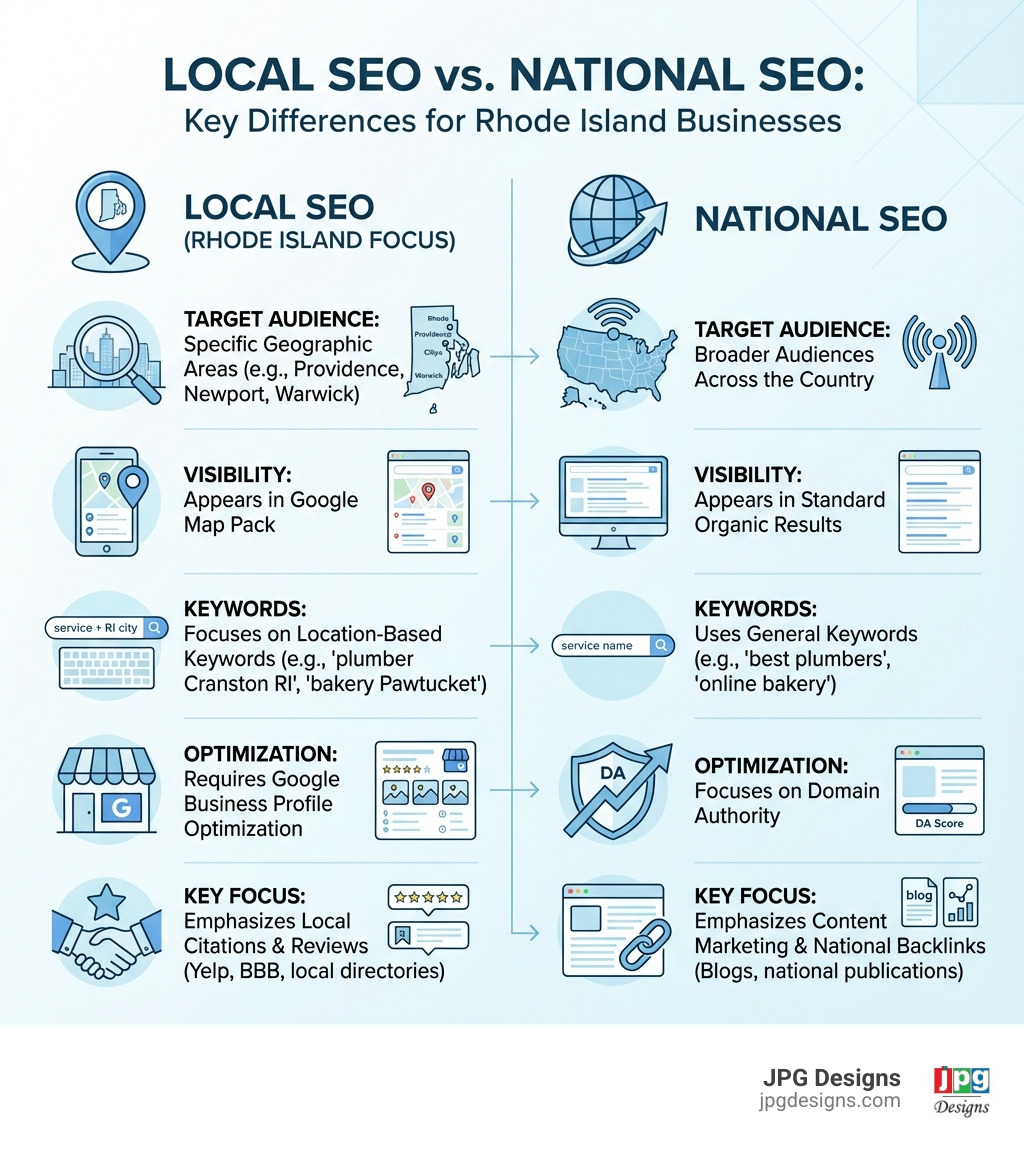 Infographic showing the key differences between Local SEO and National SEO: Local SEO targets specific geographic areas like Rhode Island cities, appears in Google Map Pack, focuses on location-based keywords, requires Google Business Profile optimization, and emphasizes local citations and reviews. National SEO targets broader audiences across the country, appears in standard organic results, uses general keywords, focuses on domain authority, and emphasizes content marketing and national backlinks. - local SEO Rhode Island infographic 