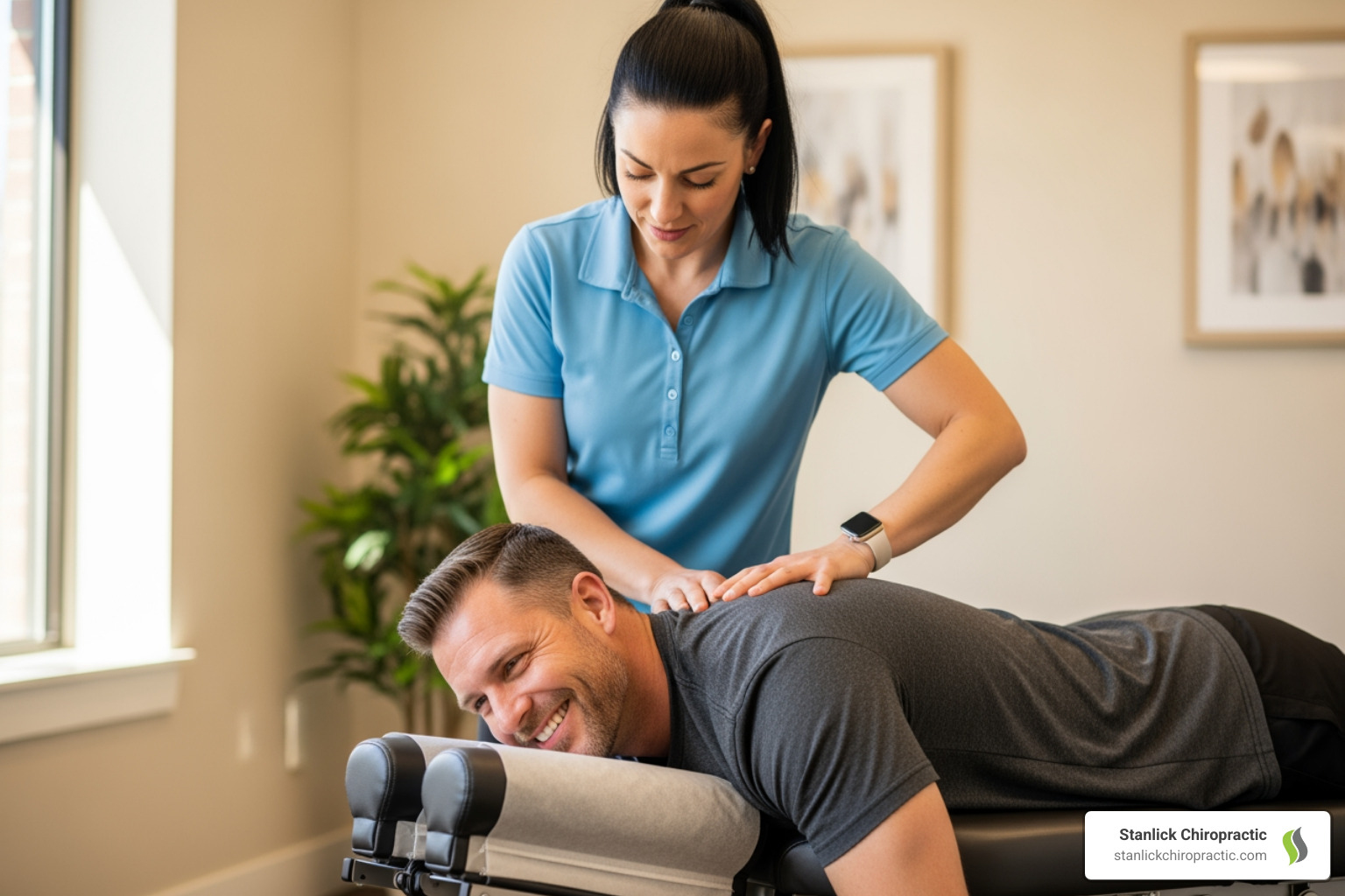 Chiropractor performing a gentle adjustment on a smiling patient in Murfreesboro - chiropractic care for wellness