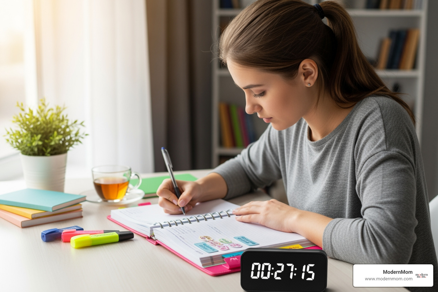 Student using a colorful planner and setting a timer - study skills resources Student using a colorful planner and setting a timer - study skills resources