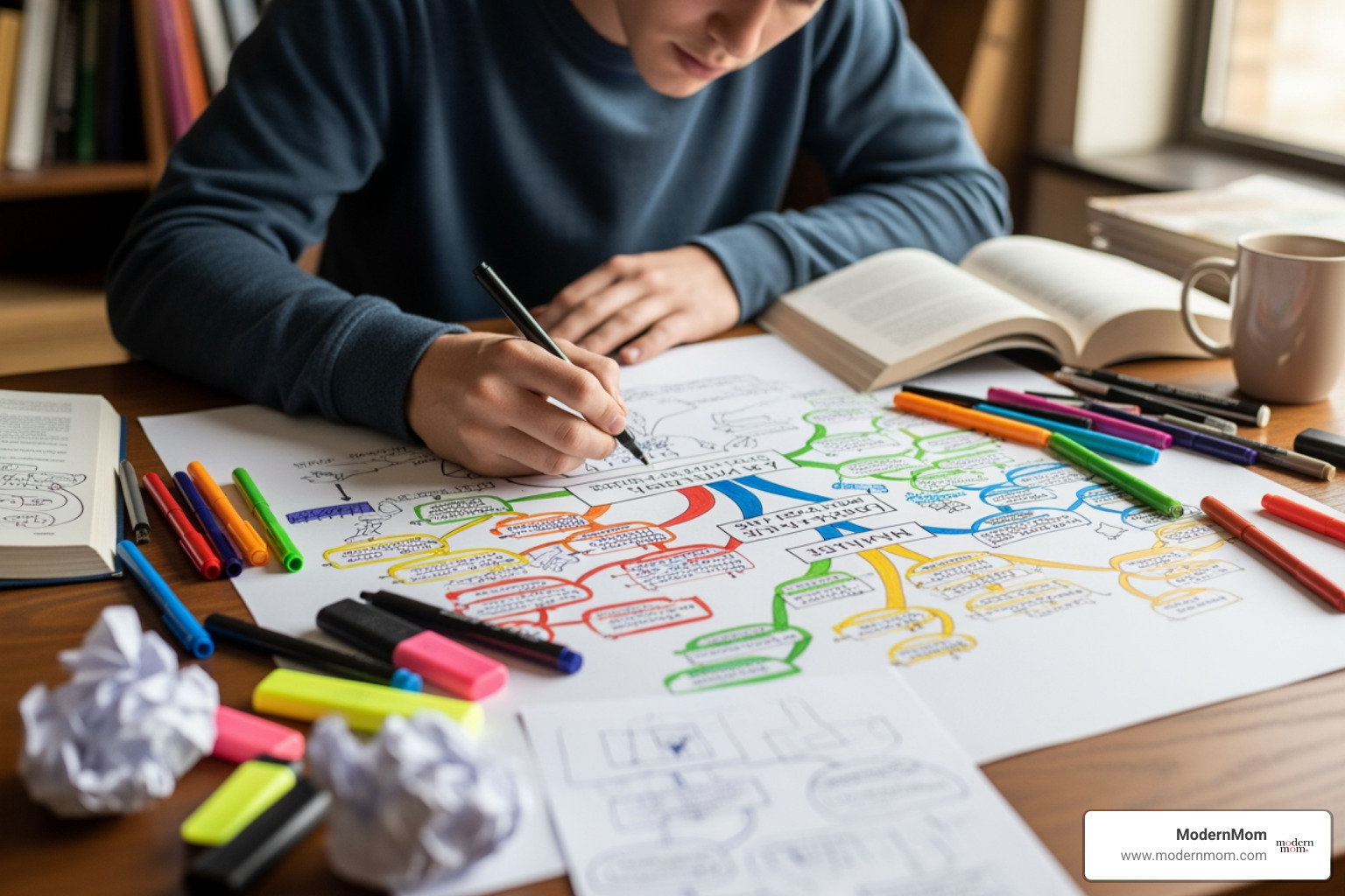 Student creating a colorful mind map on a large piece of paper - study skills resources Student creating a colorful mind map on a large piece of paper - study skills resources