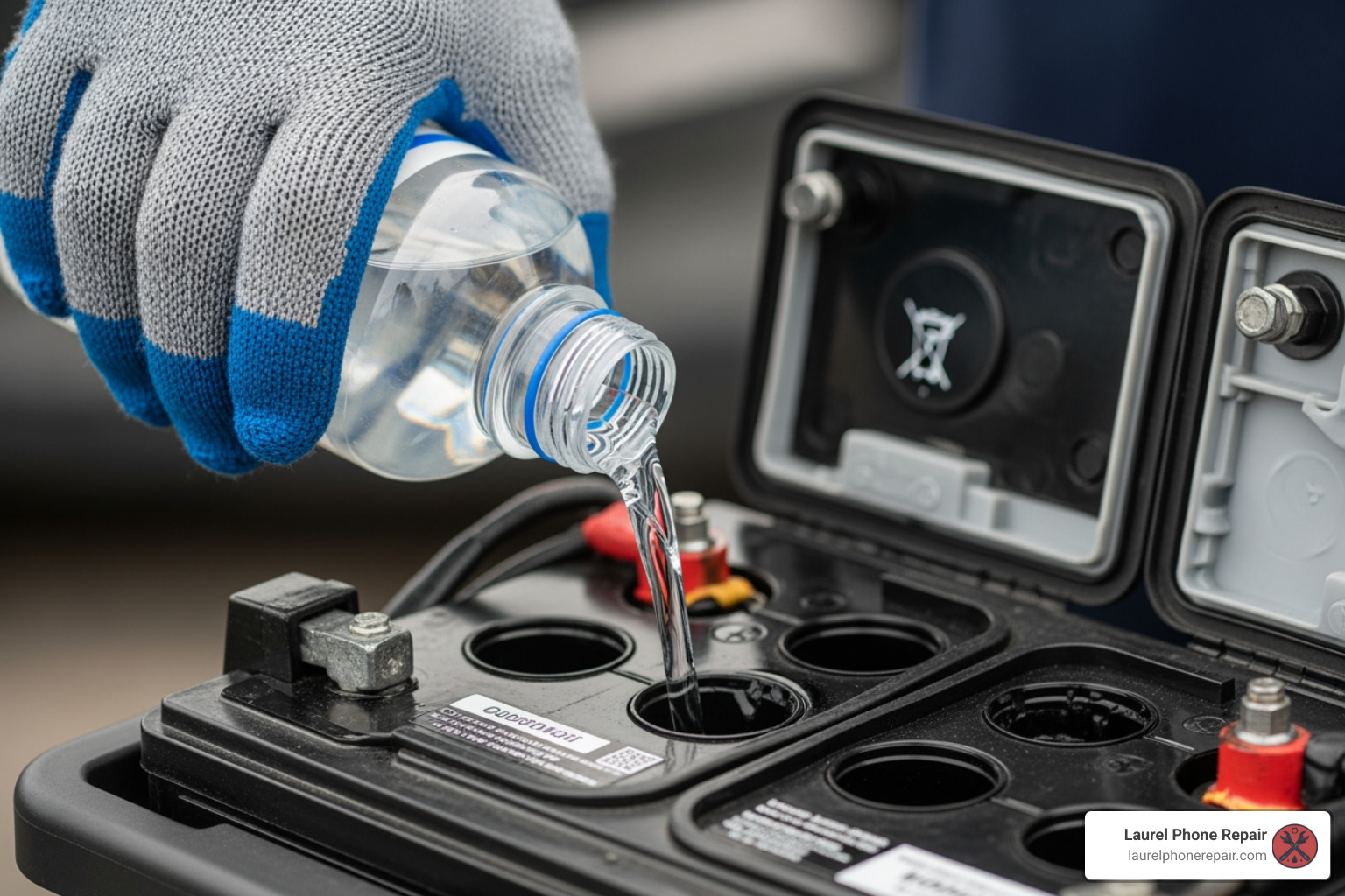 distilled water being added to a battery cell - Golf cart battery service