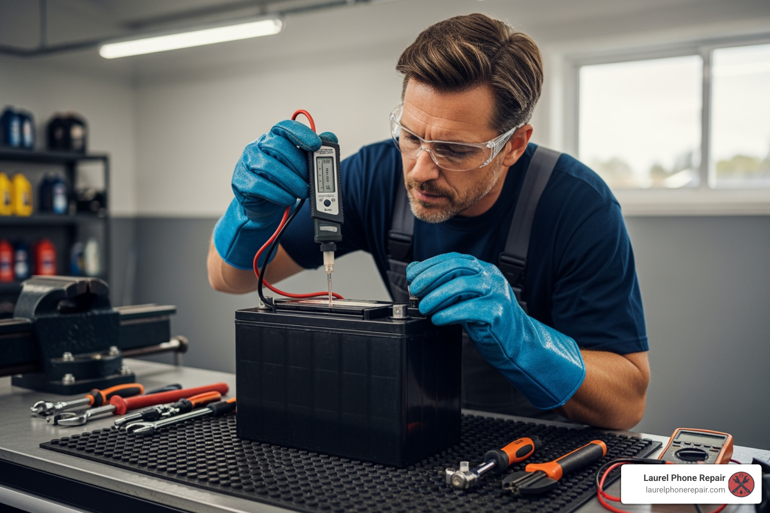 person wearing safety glasses and gloves working on a battery - Golf cart battery service