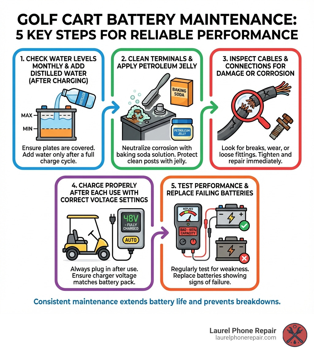 infographic showing five key steps of golf cart battery maintenance: 1. Check water levels monthly and add distilled water after charging, 2. Clean terminals with baking soda solution and apply petroleum jelly, 3. Inspect cables and connections for damage or corrosion, 4. Charge properly after each use with correct voltage settings, 5. Test performance and replace batteries showing signs of failure - Golf cart battery service infographic