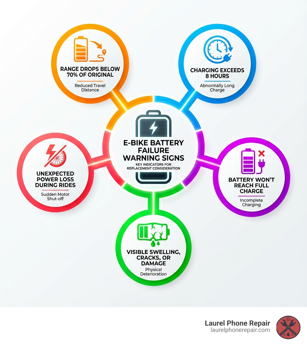 infographic showing five key warning signs of ebike battery failure: decreased range below 70 percent of original, charging time exceeds 8 hours, unexpected power loss during rides, battery won't reach full charge, and visible physical damage like swelling or cracks - Ebike battery replacement infographic