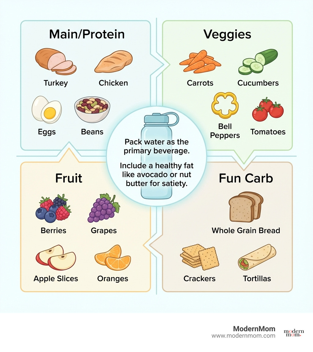 Infographic showing the Healthy Lunchbox Formula with four quadrants: Main/Protein (turkey, chicken, eggs, beans), Veggies (carrots, cucumbers, bell peppers, tomatoes), Fruit (berries, grapes, apple slices, oranges), and Fun Carb (whole grain bread, crackers, tortillas). Center shows a water bottle with text: Pack water as the primary beverage. Include a healthy fat like avocado or nut butter for satiety. - Lunchbox ideas healthy infographic 