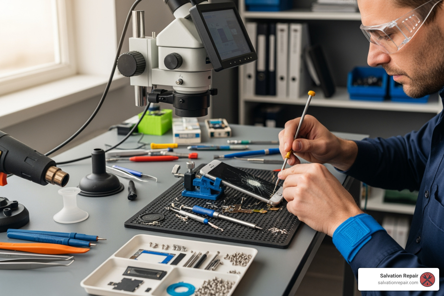 Third-party repair technician working on a phone - how much to repair iphone 16 screen