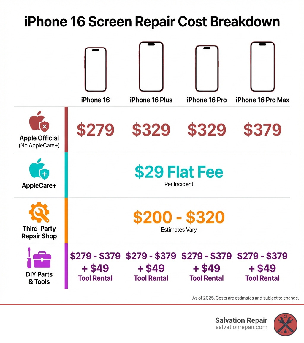 Comprehensive breakdown showing iPhone 16 screen repair costs across all four models, comparing Apple official pricing without AppleCare+ ($279-$379), with AppleCare+ ($29 flat fee), third-party repair shop estimates ($200-$320), and DIY parts costs ($279-$379 plus $49 tool rental), with visual icons representing each repair option - how much to repair iphone 16 screen infographic 