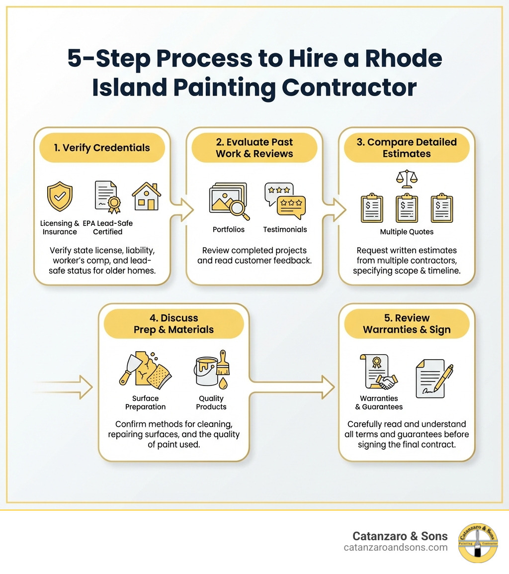 Infographic showing the 5-step process to hire a Rhode Island painting contractor: 1. Verify licensing, insurance, and EPA Lead-Safe certification, 2. Review portfolios and customer testimonials, 3. Request detailed written estimates from multiple contractors, 4. Confirm surface preparation methods and paint quality, 5. Review warranties and guarantees before signing - rhode island painting contractors infographic Infographic showing the 5-step process to hire a Rhode Island painting contractor: 1. Verify licensing, insurance, and EPA Lead-Safe certification, 2. Review portfolios and customer testimonials, 3. Request detailed written estimates from multiple contractors, 4. Confirm surface preparation methods and paint quality, 5. Review warranties and guarantees before signing - rhode island painting contractors infographic