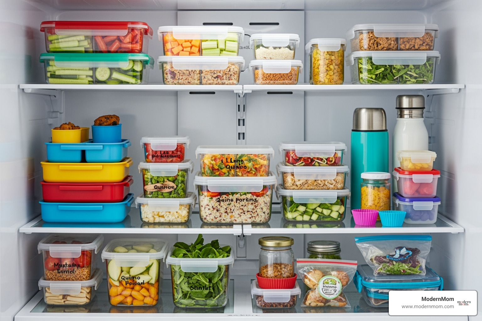 organized fridge with pre-portioned lunch components and various lunch packing tools like bento boxes and thermoses - Lunchbox ideas healthy