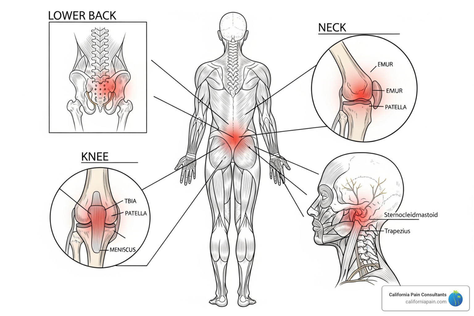 anatomical diagrams showing common pain areas like the back, knee, and neck - non surgical pain relief clinic