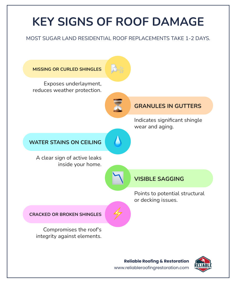 Infographic showing key signs of roof damage: missing or curled shingles, granules in gutters, water stains on ceiling, visible sagging, and cracked or broken shingles. Includes note that most residential roof replacements in Sugar Land take 1-2 days - Sugar Land roofing infographic infographic-line-5-steps-colors