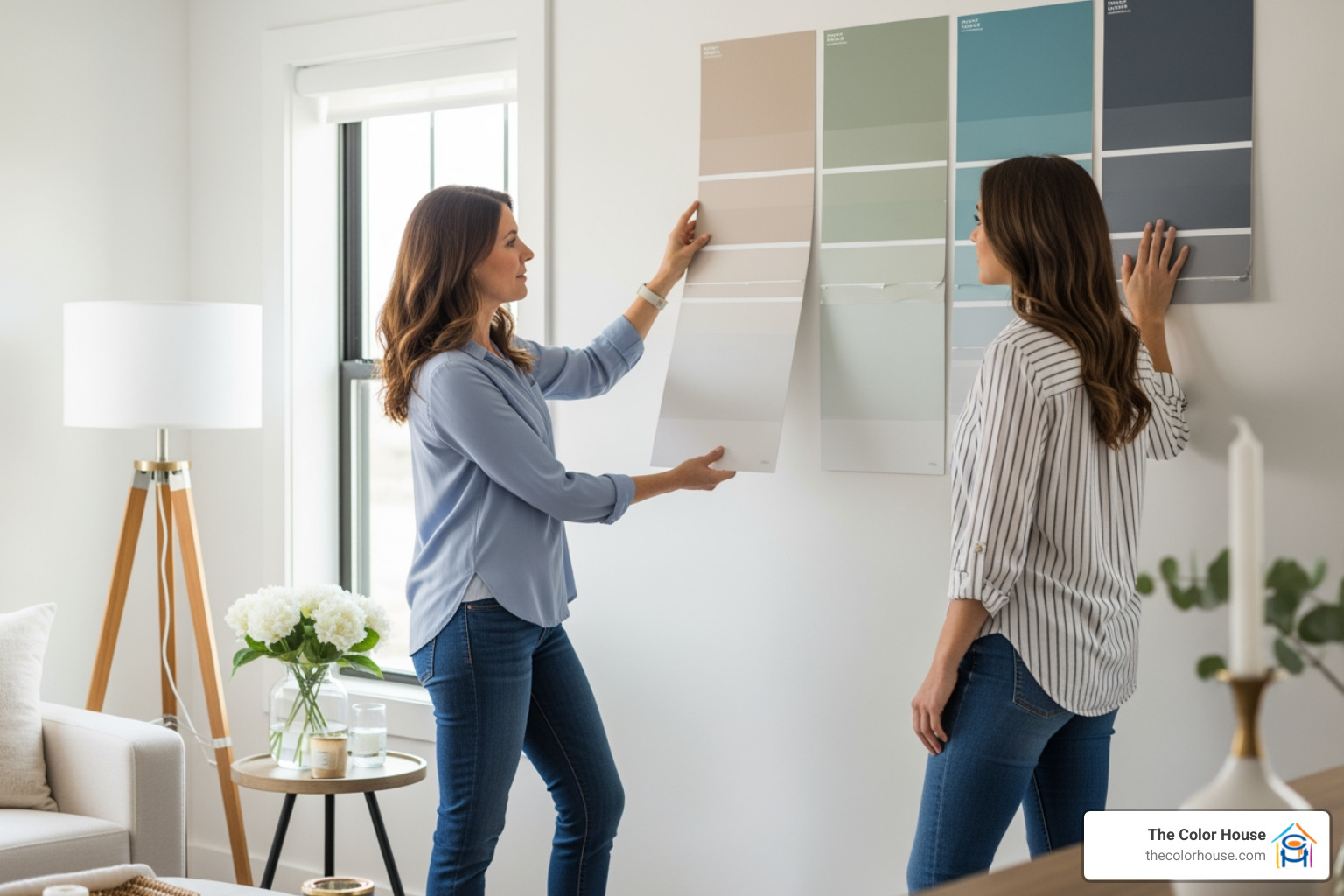 A paint color consultant shows large paint swatches to a client in a bright living room, demonstrating how different colors interact with the room's natural light and existing decor - paint color consultation