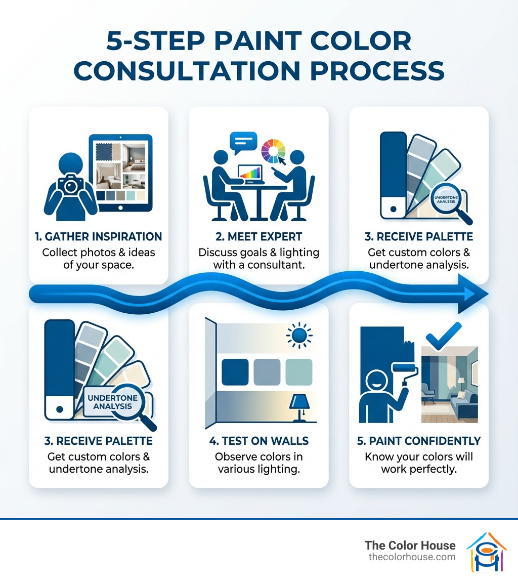 Infographic showing the 5-step paint color consultation process: 1. Gather inspiration and photos of your space, 2. Meet with expert consultant to discuss goals and lighting, 3. Receive custom color palette with undertone analysis, 4. Test colors on your walls in different lighting, 5. Paint with confidence knowing your colors will work - paint color consultation infographic 