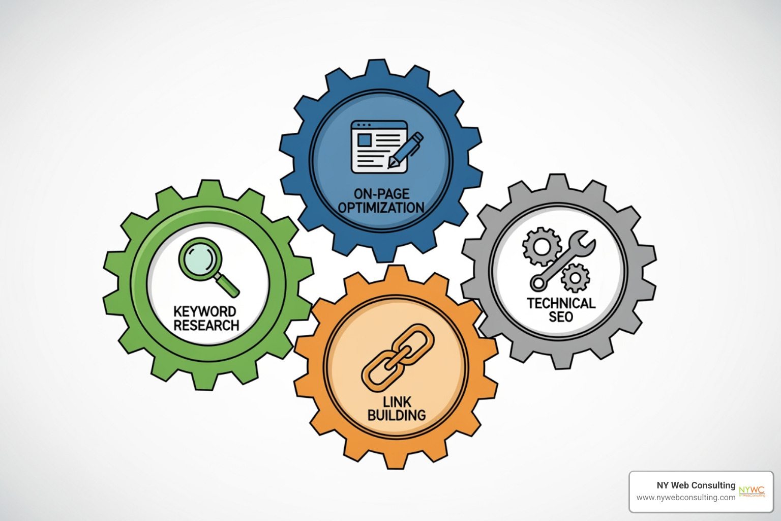 Diagram showing four interconnected gears labeled Technical SEO, Local SEO, Content Strategy, and Off-Page SEO - seo services nyc Diagram showing four interconnected gears labeled Technical SEO, Local SEO, Content Strategy, and Off-Page SEO - seo services nyc